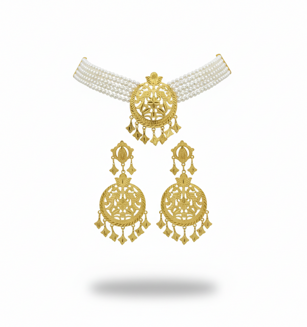 Royal Golden Filigree Pearl Choker & Chandbali Earring Set