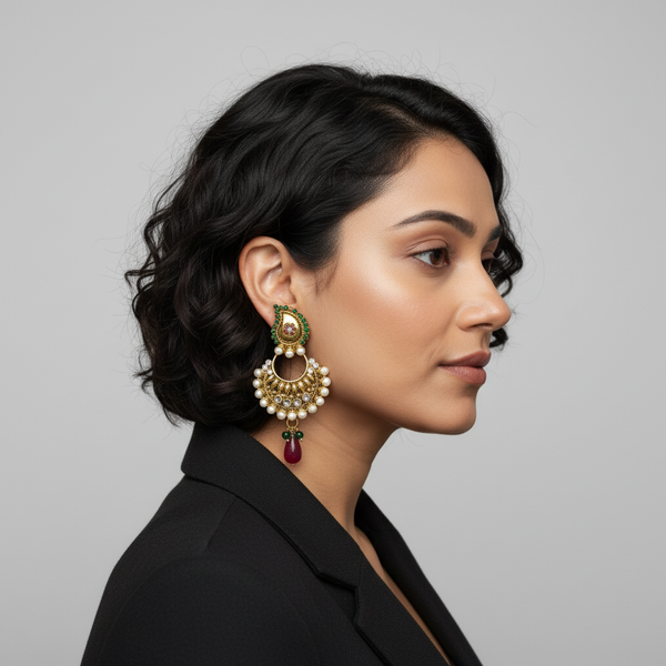 Royal Meenakshi Kundan Pearl Chandbali Earrings