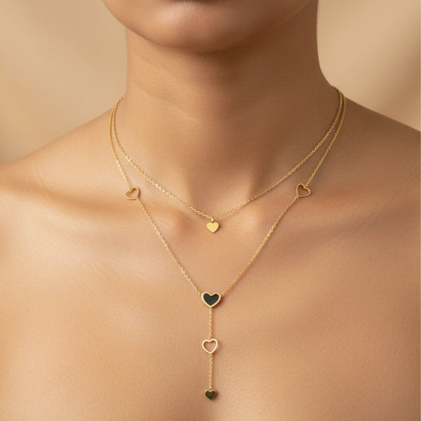 Layered Heart Charm Drop Necklace