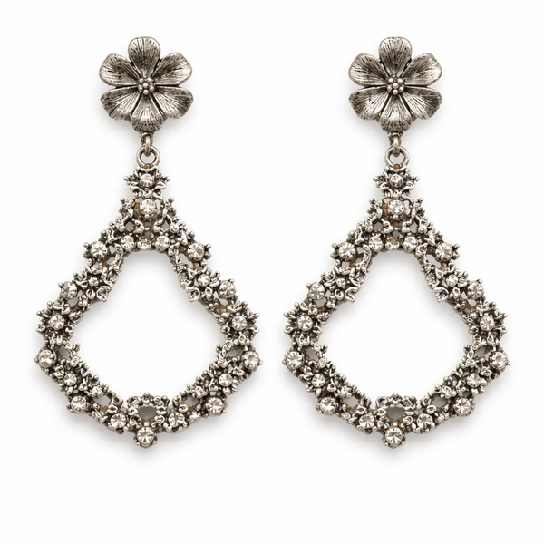 Silver Bloom Diamond Drop Earrings