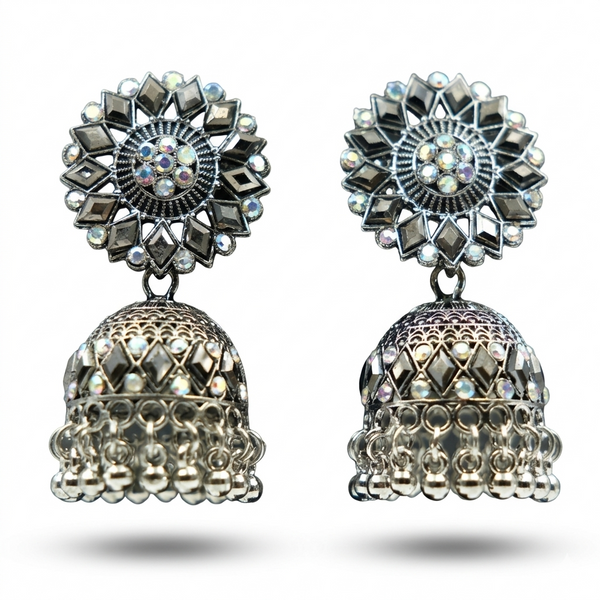 Celestial Silver Mirror Dome Jhumka Earrings